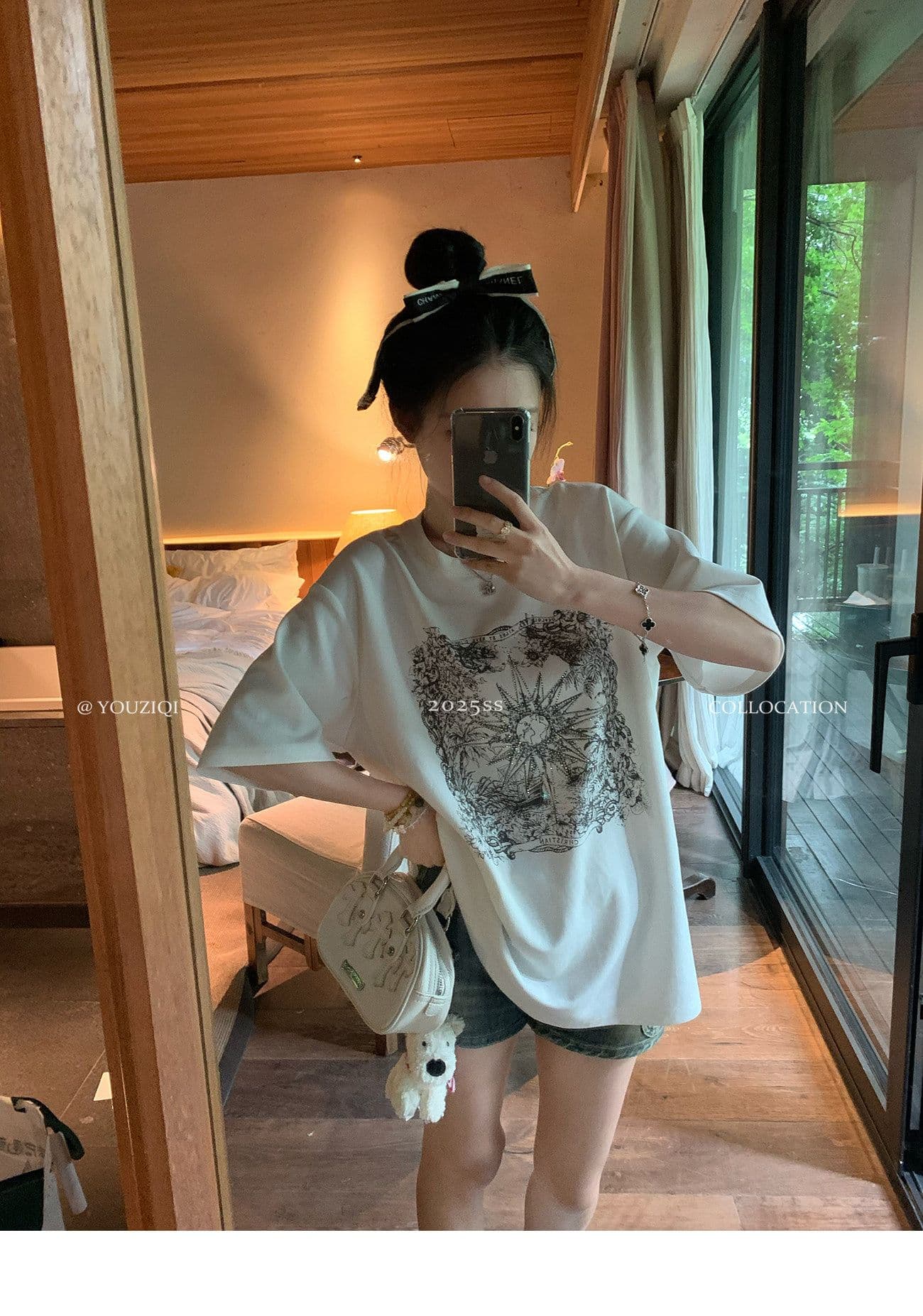 원본 원단 핫픽스 화이트 핫픽스 반팔 티셔츠 여성 디자인 센스 레트로 라운드 넥 프린트 루즈핏 맨위 상세 이미지 13