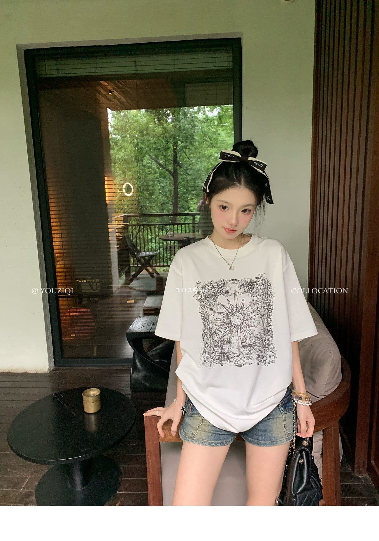 원본 원단 핫픽스 화이트 핫픽스 반팔 티셔츠 여성 디자인 센스 레트로 라운드 넥 프린트 루즈핏 맨위 상세 이미지 14
