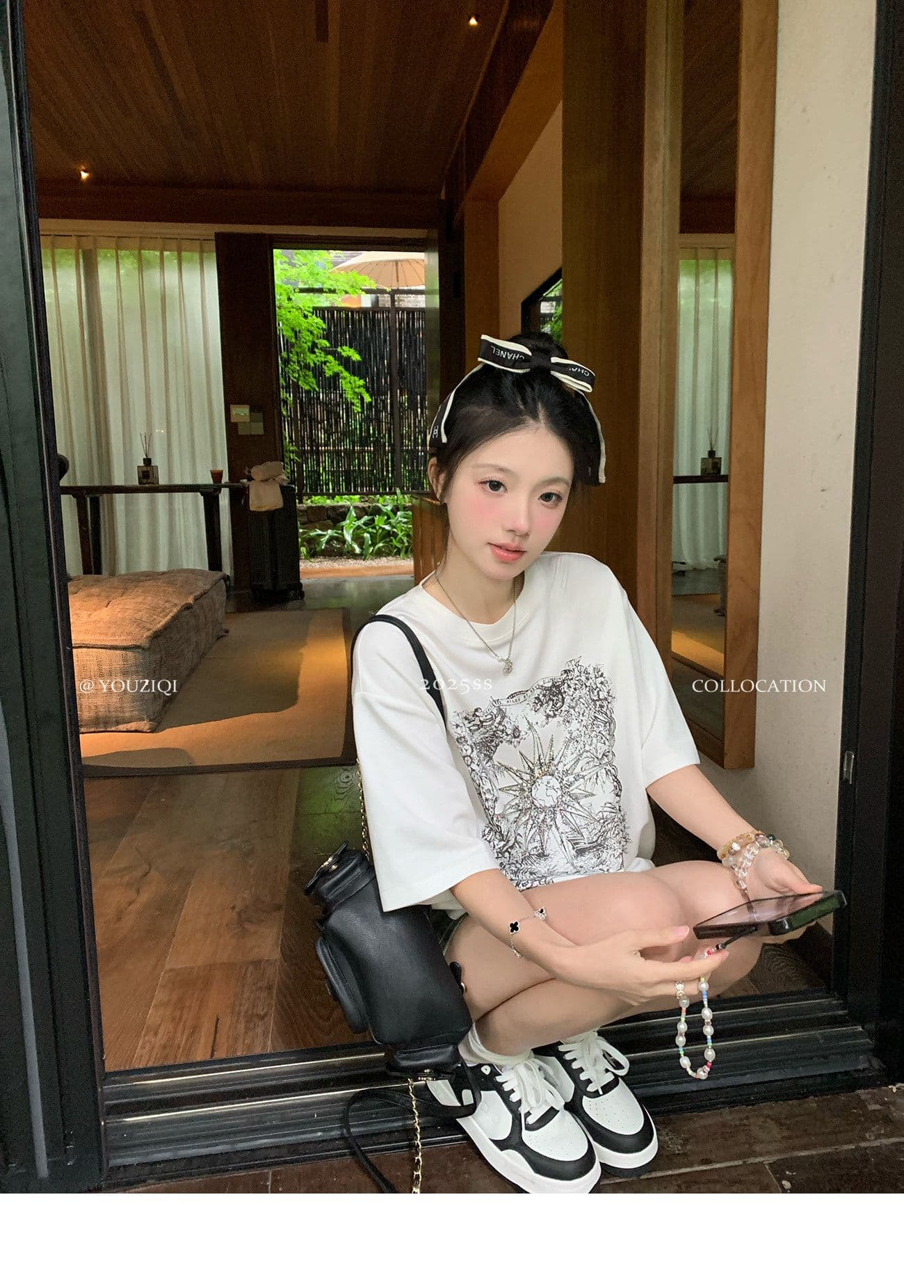 원본 원단 핫픽스 화이트 핫픽스 반팔 티셔츠 여성 디자인 센스 레트로 라운드 넥 프린트 루즈핏 맨위 상세 이미지 16