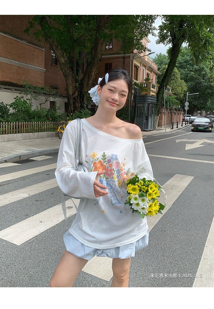 라이 경기 서울 눈꽃 화이트 비스듬한 어깨 자외선 차단 긴팔 티셔츠 여성 여름 루즈핏 꽃 프린트 디자인 블라우스 맨위 상세 이미지 3