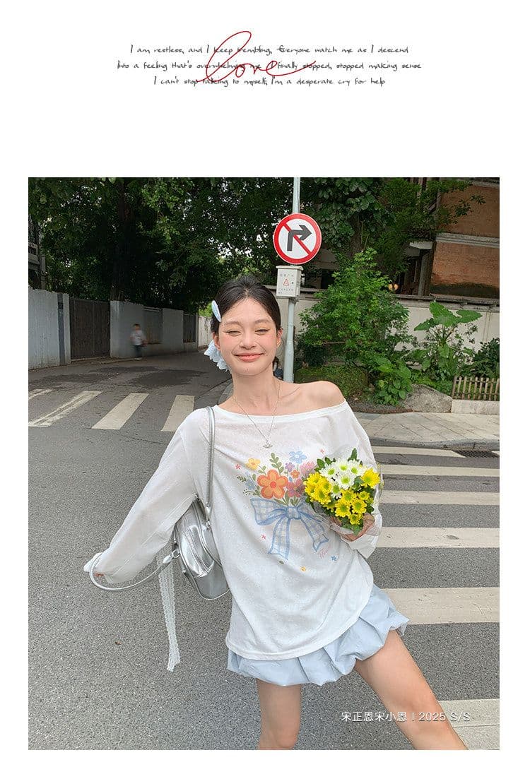 라이 경기 서울 눈꽃 화이트 비스듬한 어깨 자외선 차단 긴팔 티셔츠 여성 여름 루즈핏 꽃 프린트 디자인 블라우스 맨위 상세 이미지 10
