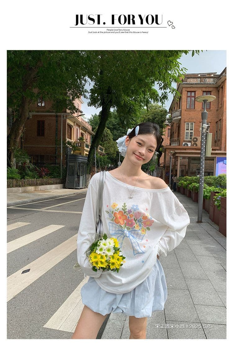 라이 경기 서울 눈꽃 화이트 비스듬한 어깨 자외선 차단 긴팔 티셔츠 여성 여름 루즈핏 꽃 프린트 디자인 블라우스 맨위 상세 이미지 13