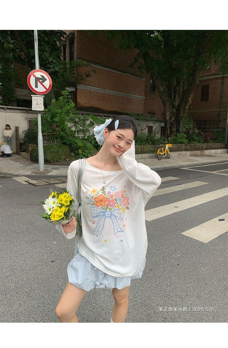 라이 경기 서울 눈꽃 화이트 비스듬한 어깨 자외선 차단 긴팔 티셔츠 여성 여름 루즈핏 꽃 프린트 디자인 블라우스 맨위 상세 이미지 16