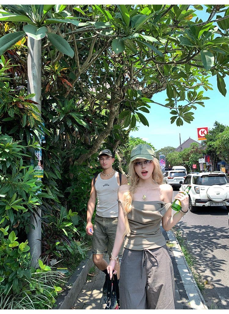 260 그램 사람들 면 디자인 센스 오프숄더 둘 착용 흔들다 칼라 캐미솔 여름 외출용 티셔츠 쇼트 스타일 작은 대중 맨위 상세 이미지 16