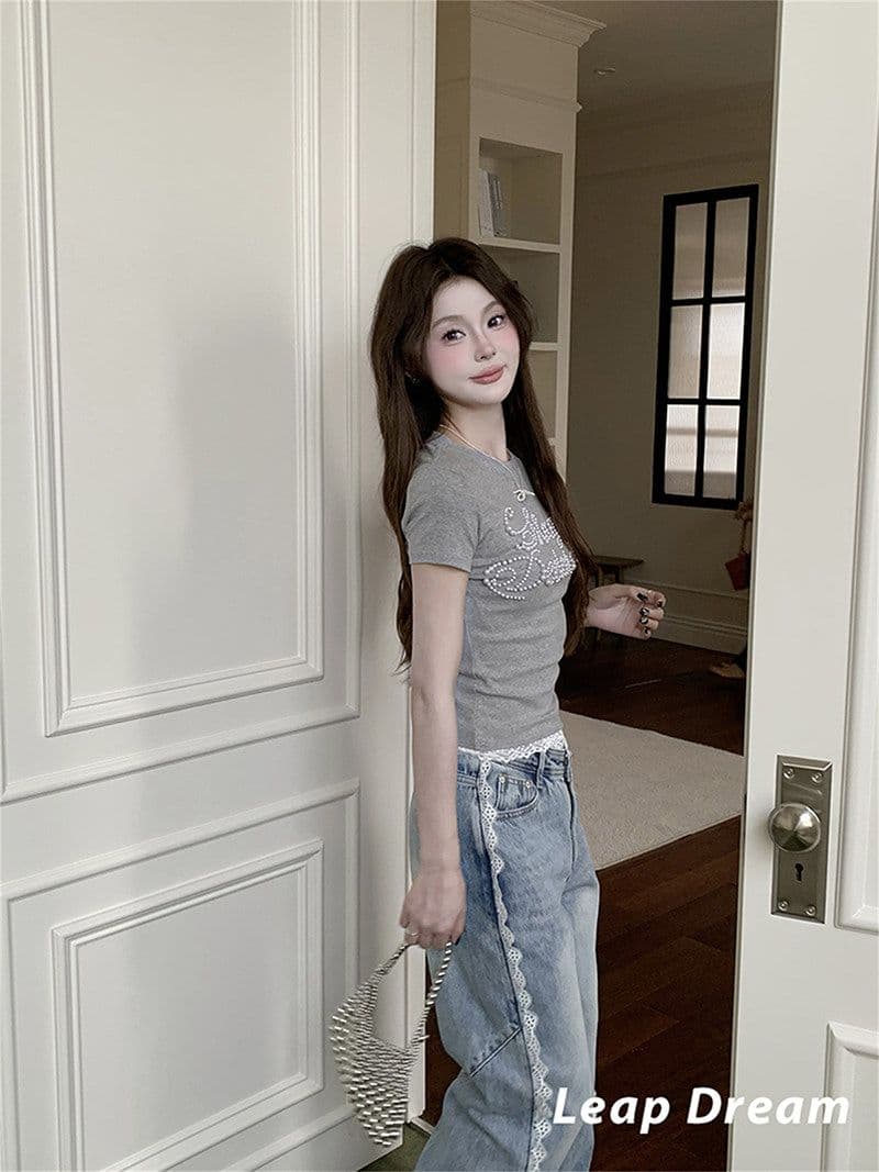 원본 진주 40 92 면 8 암모니아 Lun 2026 알파벳 비즈 박기 레이스 반팔 달콤함 연령 감소 품격 맨위 상세 이미지 2