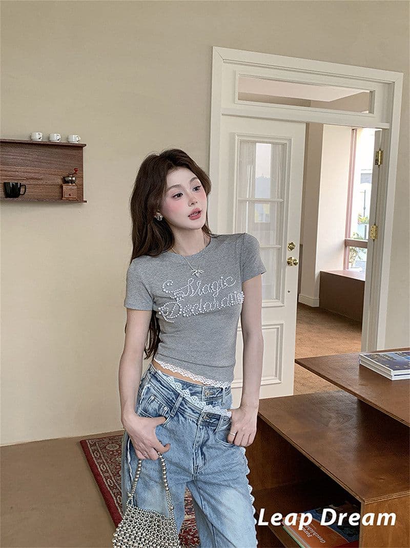 원본 진주 40 92 면 8 암모니아 Lun 2026 알파벳 비즈 박기 레이스 반팔 달콤함 연령 감소 품격 맨위 상세 이미지 8