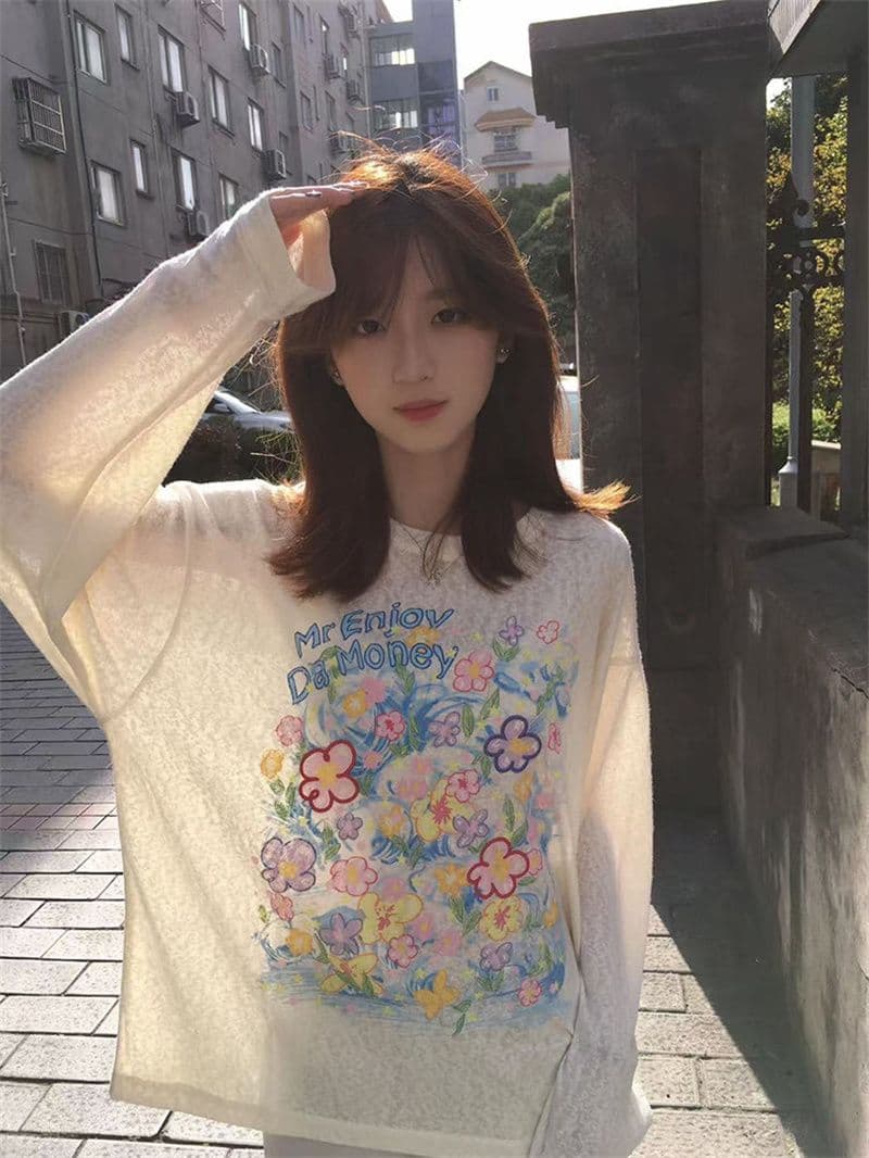 자수 전후 프린트 광저우 원본 원단 눈꽃 얼음 차가운 면 긴팔 자외선 차단 블라우스 이미지 3