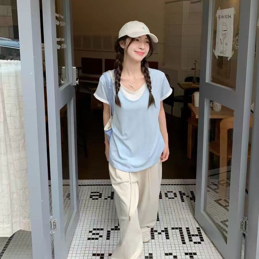 160 그램 눈꽃 순면 하늘색 라운드 넥 디자인 센스 페이크 레이어드 반팔 티셔츠 여성 여름 새로운 이미지 3