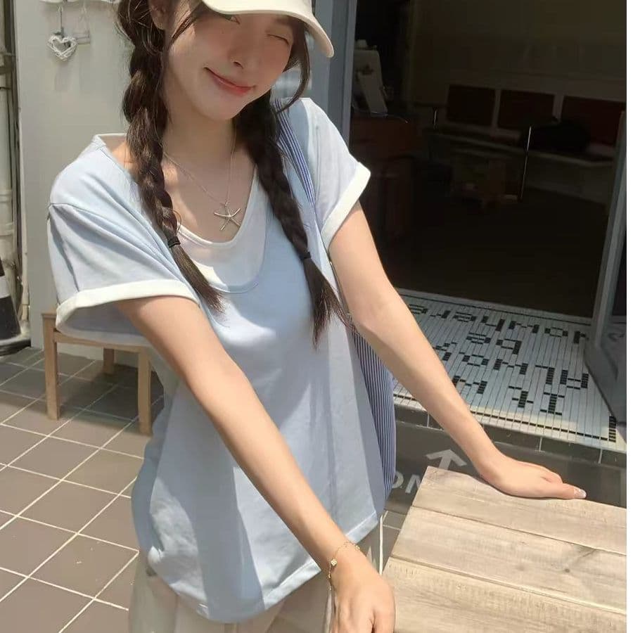 160 그램 눈꽃 순면 하늘색 라운드 넥 디자인 센스 페이크 레이어드 반팔 티셔츠 여성 여름 새로운 이미지 4