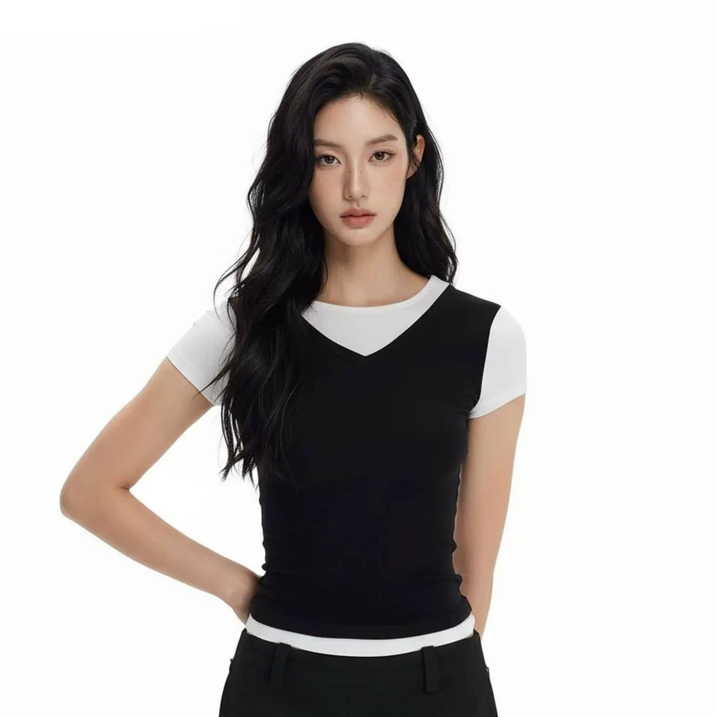 모달 면 느긋한 바람 페이크 레이어드 배색 라운드 넥 새로운 티셔츠 몸매 가꾸기 반팔 맨위 여성 의류 이미지 5