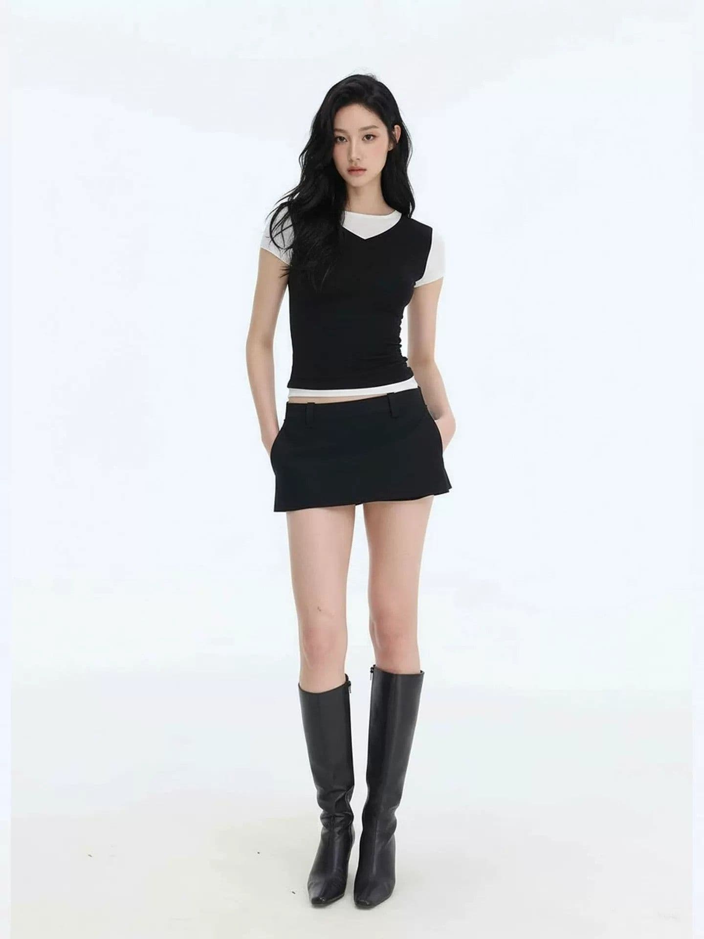 모달 면 느긋한 바람 페이크 레이어드 배색 라운드 넥 새로운 티셔츠 몸매 가꾸기 반팔 맨위 여성 의류 상세 이미지 2
