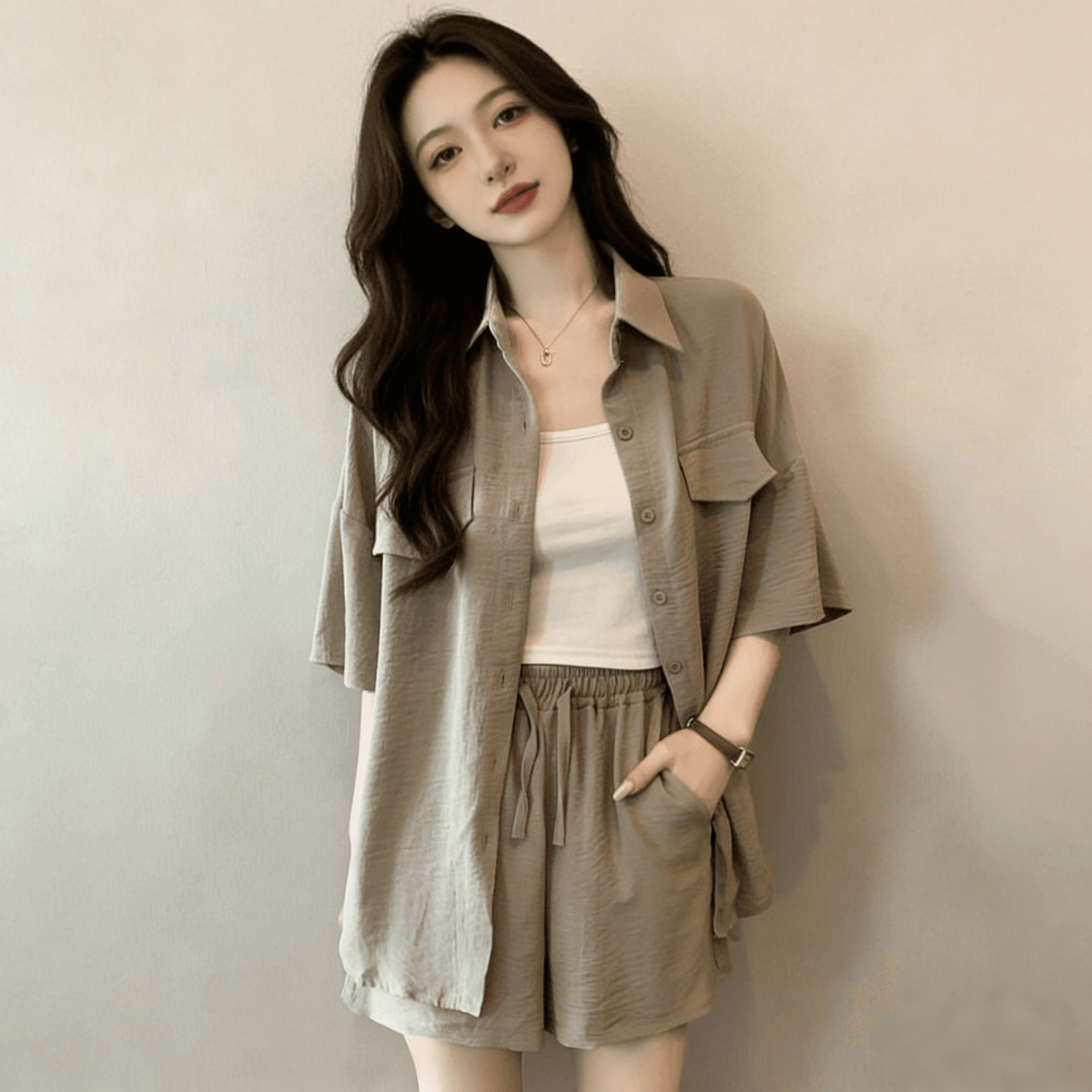 지방 mm POLO 칼라 반팔 셔츠 넓은 다리가 짧다. 바지 두 조각 여성 세트 여름 빅 사이즈 패션 루즈핏 슬림해 보이는 세트 이미지 4