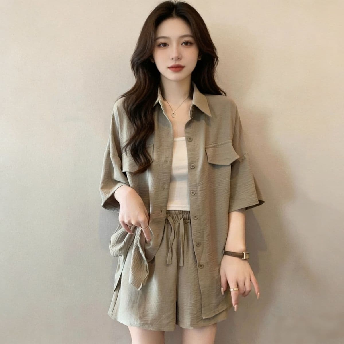 지방 mm POLO 칼라 반팔 셔츠 넓은 다리가 짧다. 바지 두 조각 여성 세트 여름 빅 사이즈 패션 루즈핏 슬림해 보이는 세트