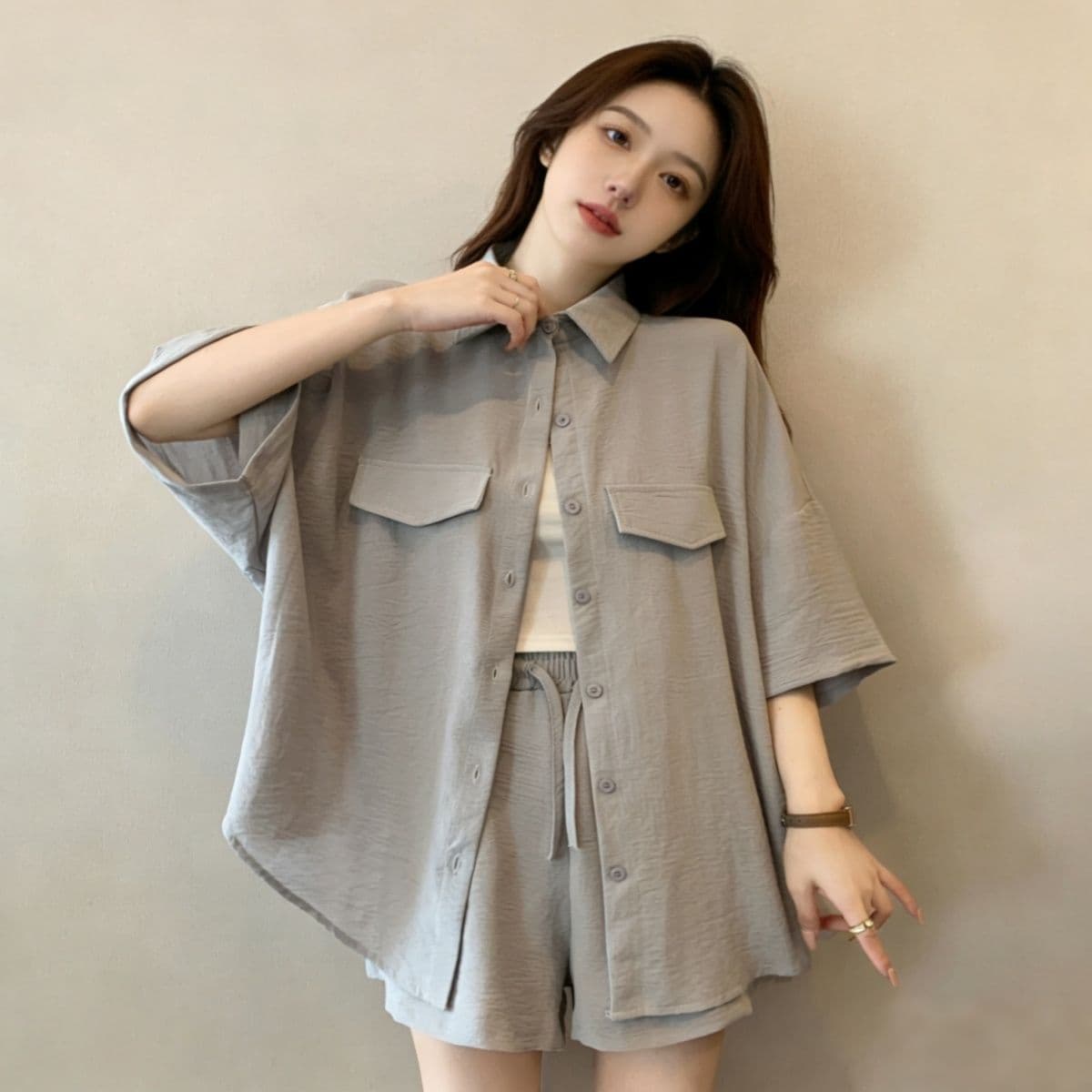 지방 mm POLO 칼라 반팔 셔츠 넓은 다리가 짧다. 바지 두 조각 여성 세트 여름 빅 사이즈 패션 루즈핏 슬림해 보이는 세트 이미지 2