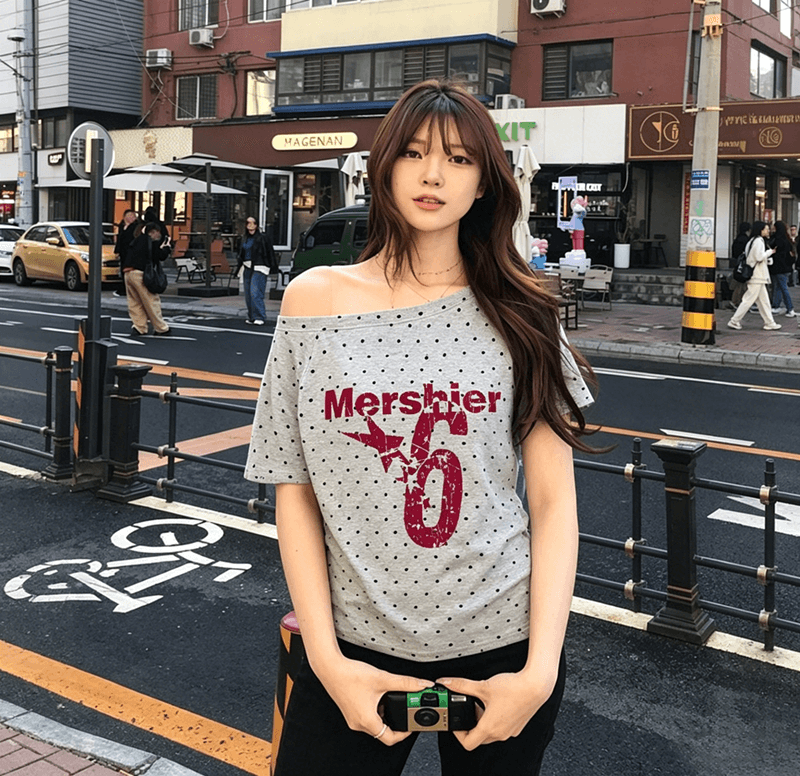220 그램 40 1 1 순면 여름 새로운 한 부서 도트 무늬 비스듬한 칼라 오프숄더 프린트 섹션 반팔 티셔츠 여성 상세 이미지 6