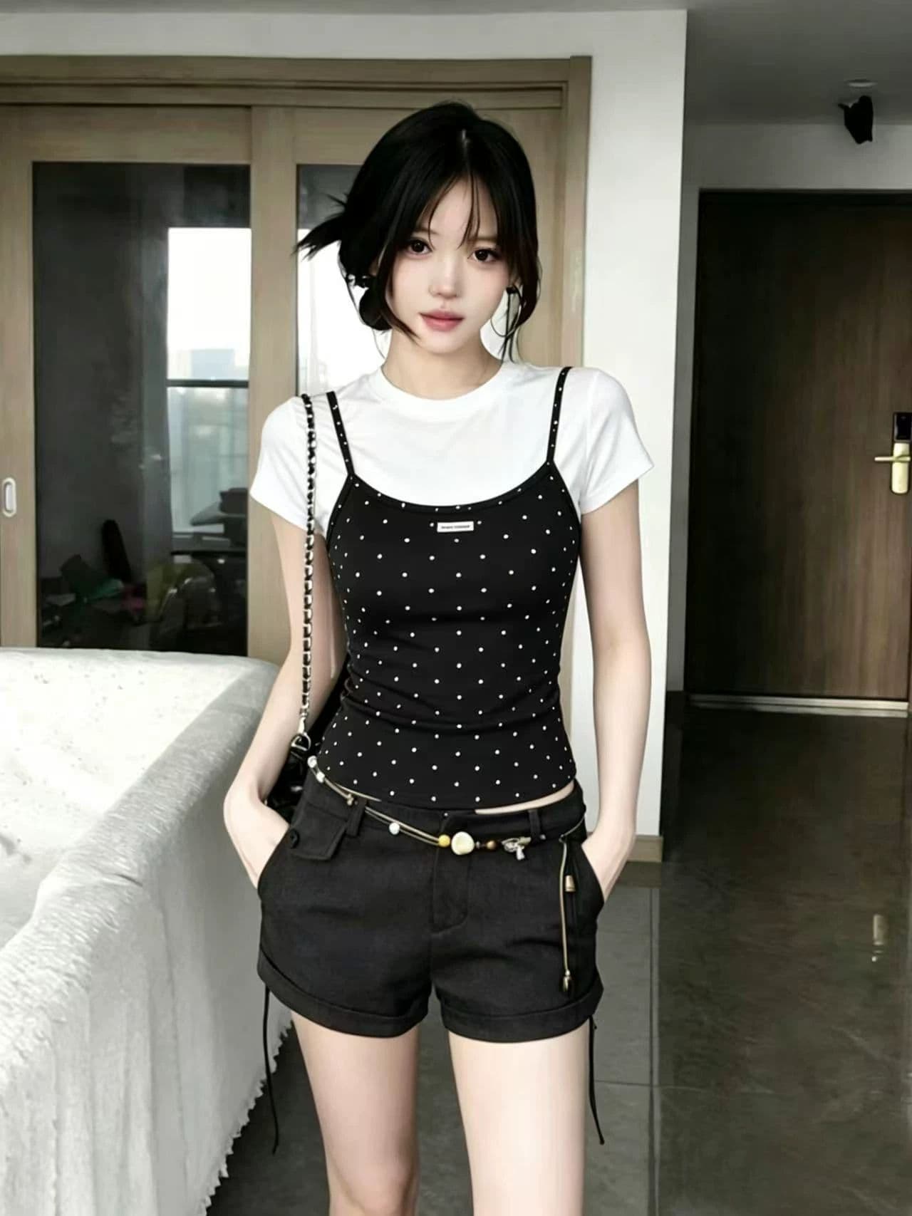 40 순면 고무 인쇄 페이크 레이어드 도트 무늬 반팔 티셔츠 여성 2026 여름 달콤한 핫걸 몸매 가꾸기 슬림해 보이는 맨위 이미지 4