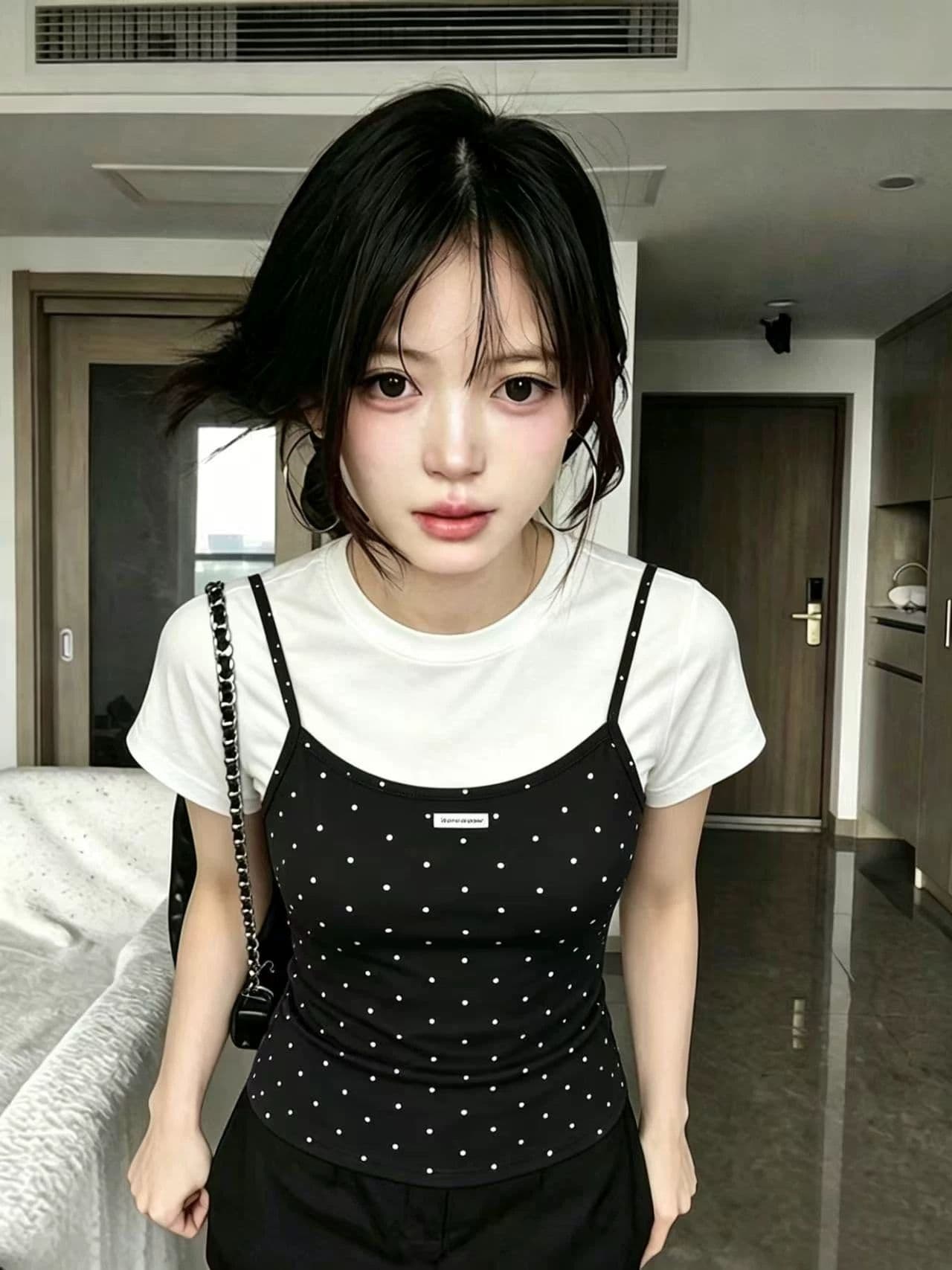 40 순면 고무 인쇄 페이크 레이어드 도트 무늬 반팔 티셔츠 여성 2026 여름 달콤한 핫걸 몸매 가꾸기 슬림해 보이는 맨위 상세 이미지 1