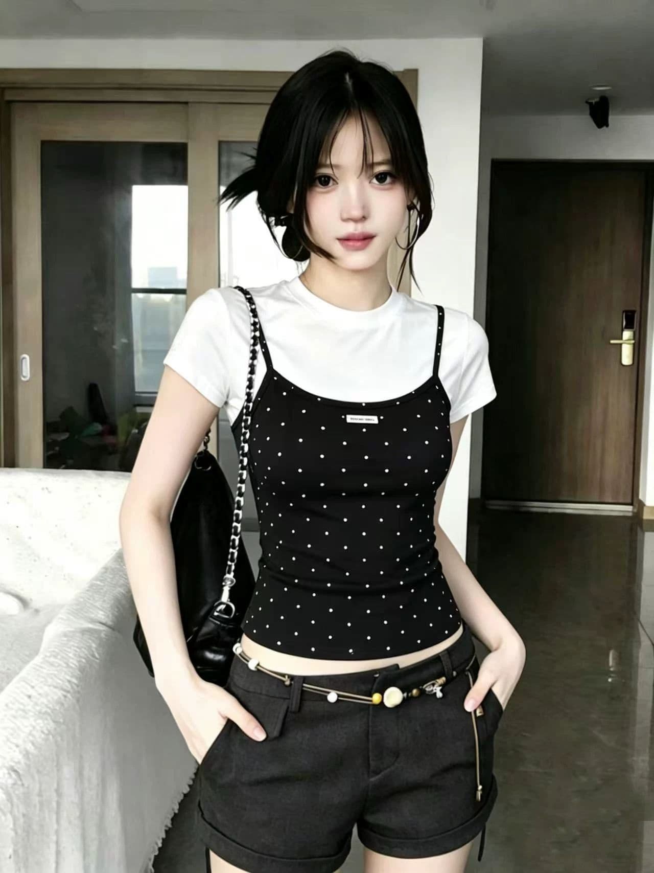 40 순면 고무 인쇄 페이크 레이어드 도트 무늬 반팔 티셔츠 여성 2026 여름 달콤한 핫걸 몸매 가꾸기 슬림해 보이는 맨위 상세 이미지 4