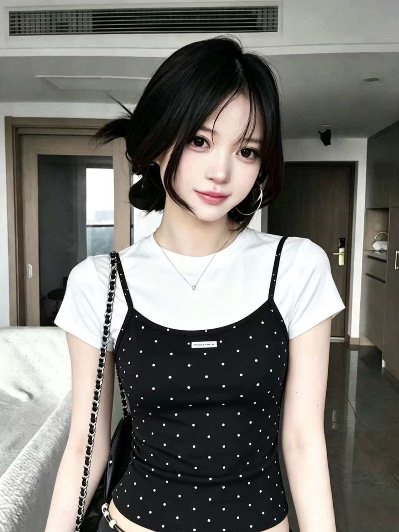 40 순면 고무 인쇄 페이크 레이어드 도트 무늬 반팔 티셔츠 여성 2026 여름 달콤한 핫걸 몸매 가꾸기 슬림해 보이는 맨위 상세 이미지 5