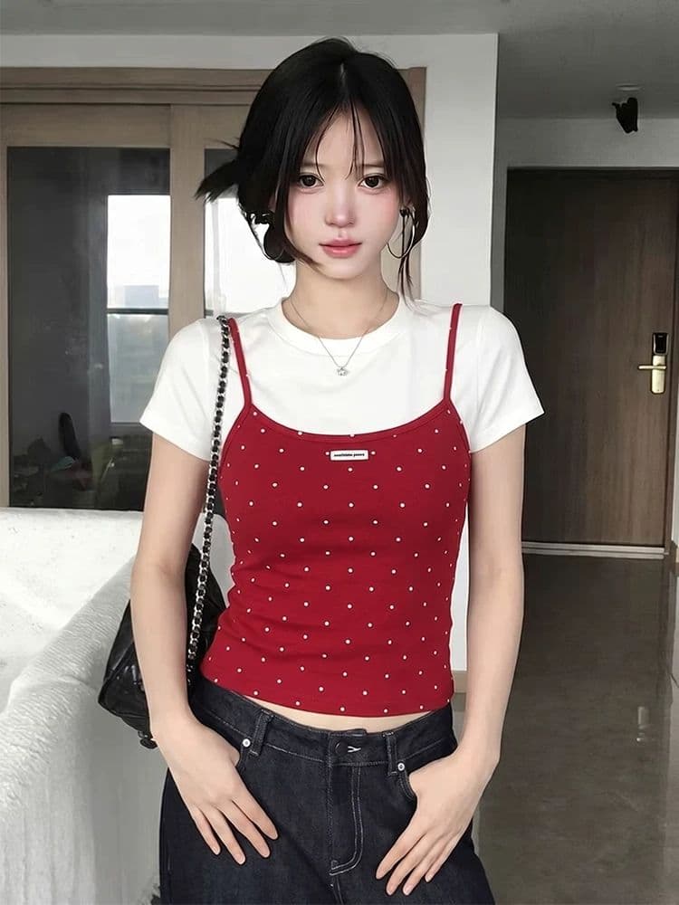 40 순면 고무 인쇄 페이크 레이어드 도트 무늬 반팔 티셔츠 여성 2026 여름 달콤한 핫걸 몸매 가꾸기 슬림해 보이는 맨위 상세 이미지 6