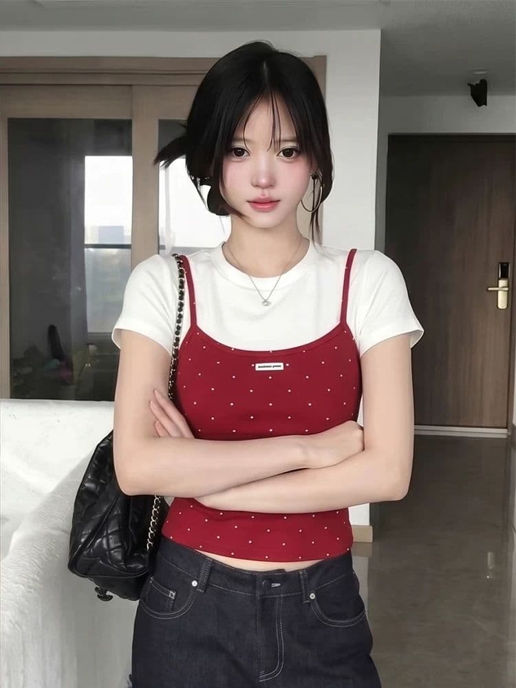 40 순면 고무 인쇄 페이크 레이어드 도트 무늬 반팔 티셔츠 여성 2026 여름 달콤한 핫걸 몸매 가꾸기 슬림해 보이는 맨위 상세 이미지 7