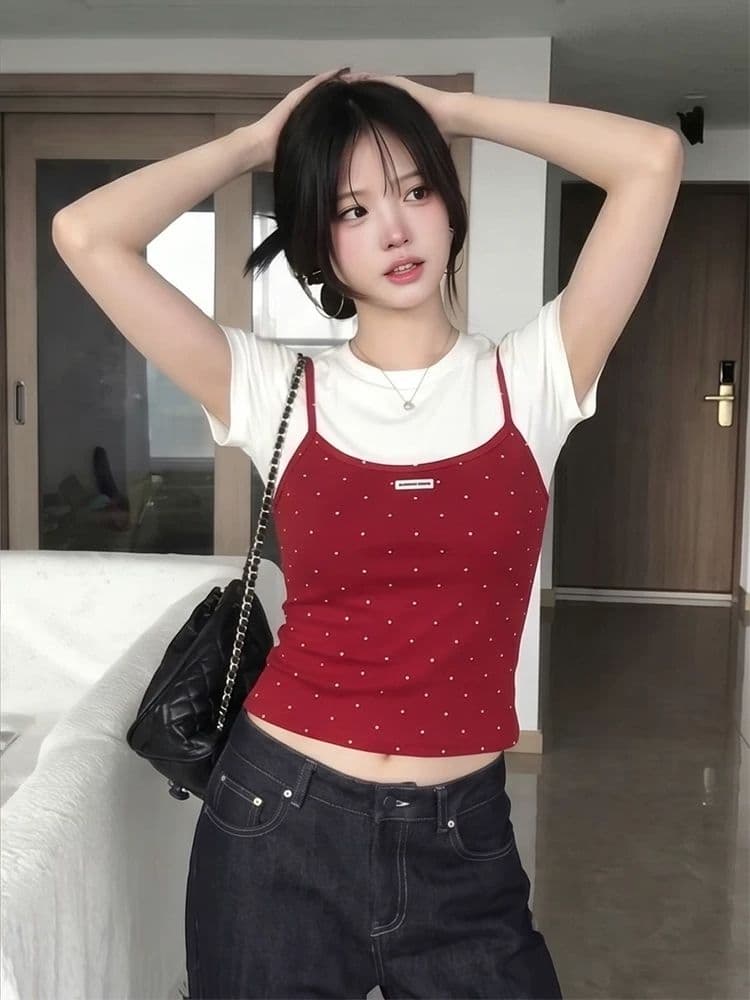 40 순면 고무 인쇄 페이크 레이어드 도트 무늬 반팔 티셔츠 여성 2026 여름 달콤한 핫걸 몸매 가꾸기 슬림해 보이는 맨위 상세 이미지 8