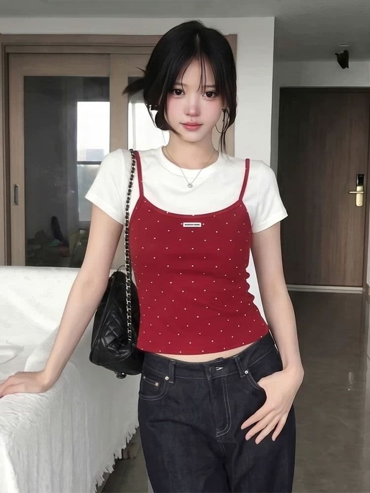 40 순면 고무 인쇄 페이크 레이어드 도트 무늬 반팔 티셔츠 여성 2026 여름 달콤한 핫걸 몸매 가꾸기 슬림해 보이는 맨위 상세 이미지 10