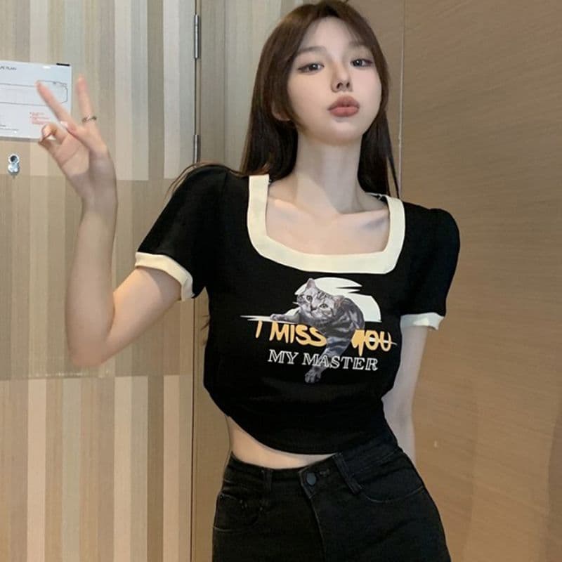 쇼트 스타일 아메리칸 레트로 몸매 가꾸기 작은 대중 프린트 검정색 광장 칼라 긍정적 인 어깨 반팔 티셔츠 여성 여름 맨위 이미지 3
