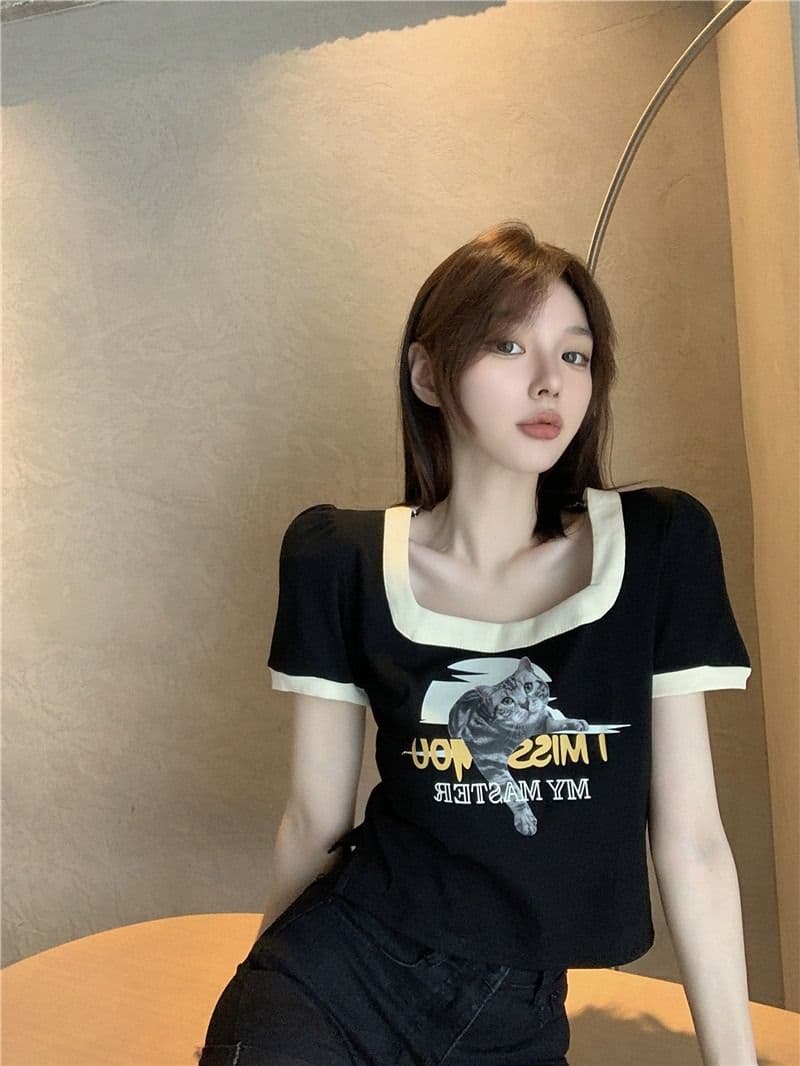 쇼트 스타일 아메리칸 레트로 몸매 가꾸기 작은 대중 프린트 검정색 광장 칼라 긍정적 인 어깨 반팔 티셔츠 여성 여름 맨위 상세 이미지 12