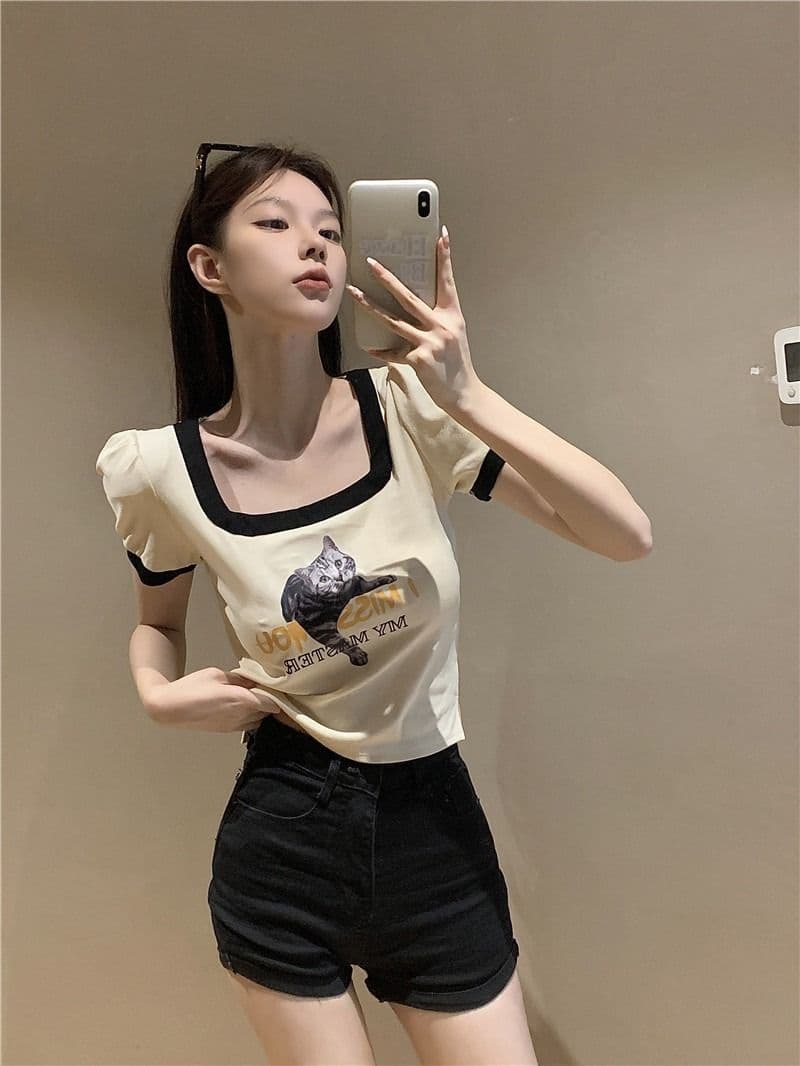 쇼트 스타일 아메리칸 레트로 몸매 가꾸기 작은 대중 프린트 검정색 광장 칼라 긍정적 인 어깨 반팔 티셔츠 여성 여름 맨위 상세 이미지 17