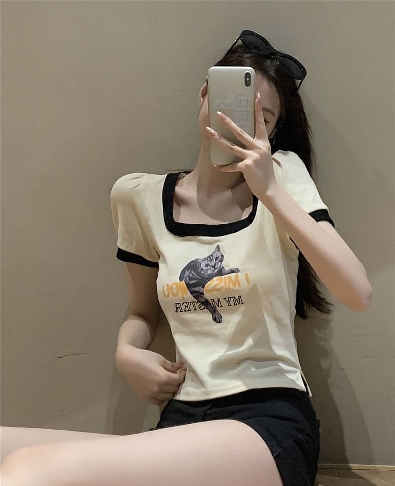 쇼트 스타일 아메리칸 레트로 몸매 가꾸기 작은 대중 프린트 검정색 광장 칼라 긍정적 인 어깨 반팔 티셔츠 여성 여름 맨위 상세 이미지 19