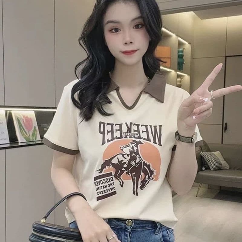 유럽 상품 POLO 셔츠 반팔 여성 여름 디자인 센스 작은 대중 패치워크 배색 슬림해 보이는 티셔츠 맨위 이미지 2