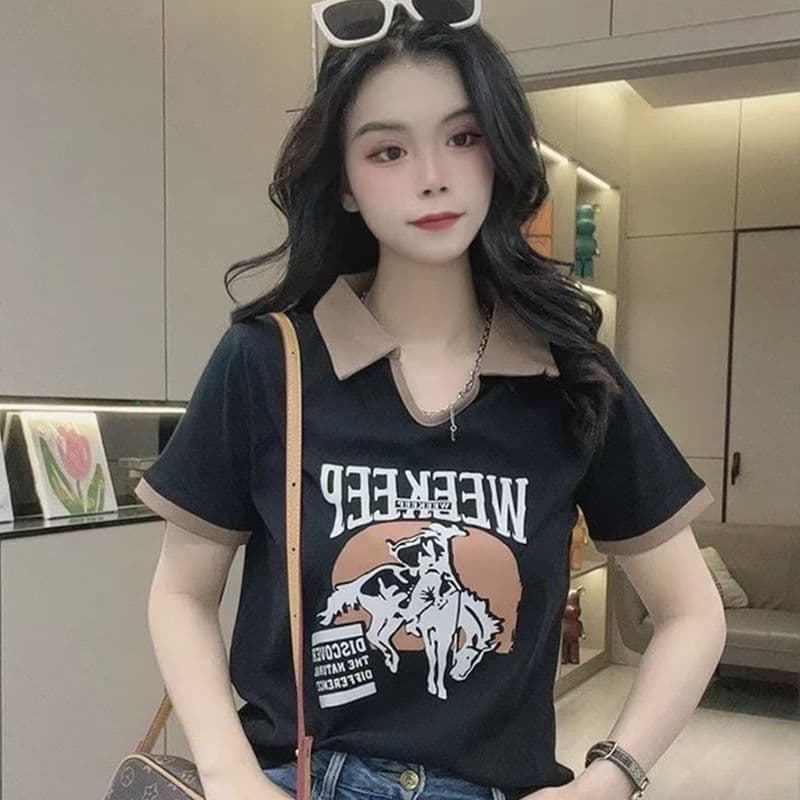 유럽 상품 POLO 셔츠 반팔 여성 여름 디자인 센스 작은 대중 패치워크 배색 슬림해 보이는 티셔츠 맨위 이미지 3