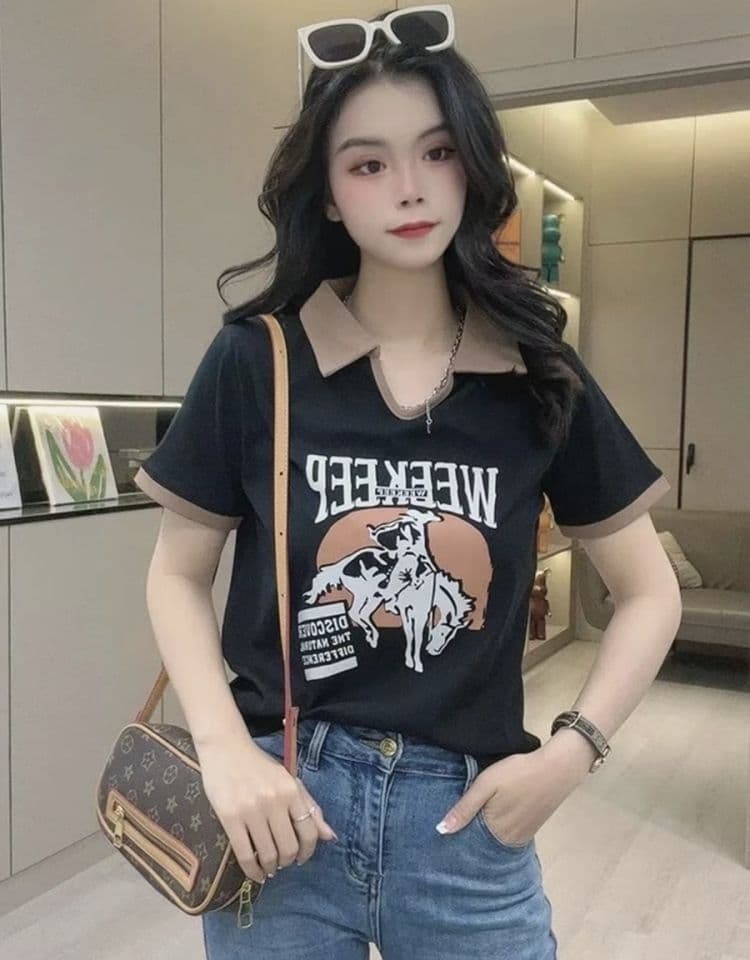 유럽 상품 POLO 셔츠 반팔 여성 여름 디자인 센스 작은 대중 패치워크 배색 슬림해 보이는 티셔츠 맨위 상세 이미지 4