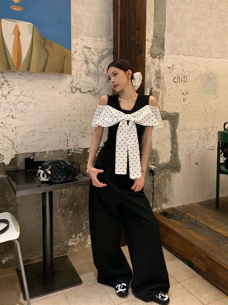 1 1 와 사고 방식 검정색 도트 무늬 페이크 레이어드 반팔 티셔츠 여성 여름 한 부서 몸매 가꾸기 나비 매듭 디자인 오프숄더 맨위 상세 이미지 14