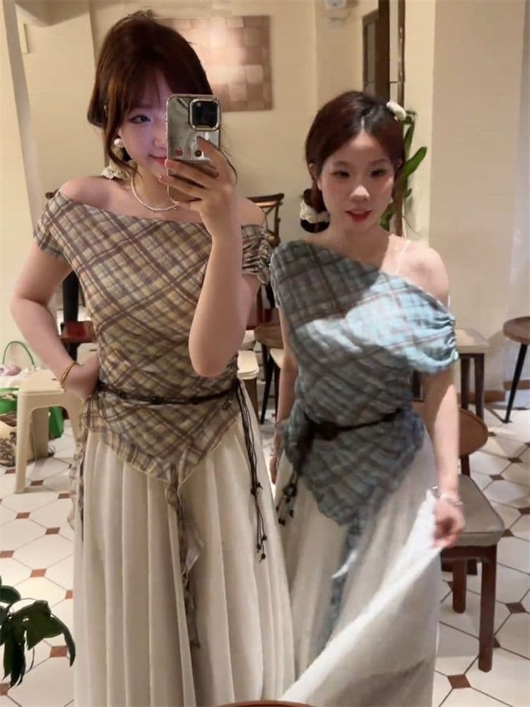 40d 메시 원단 달콤한 핫걸 불규칙 리본 디자인 센스 티셔츠 여성 여름 체크무늬 배색 벨트 포함 민소매 맨위 서비스 이미지 3