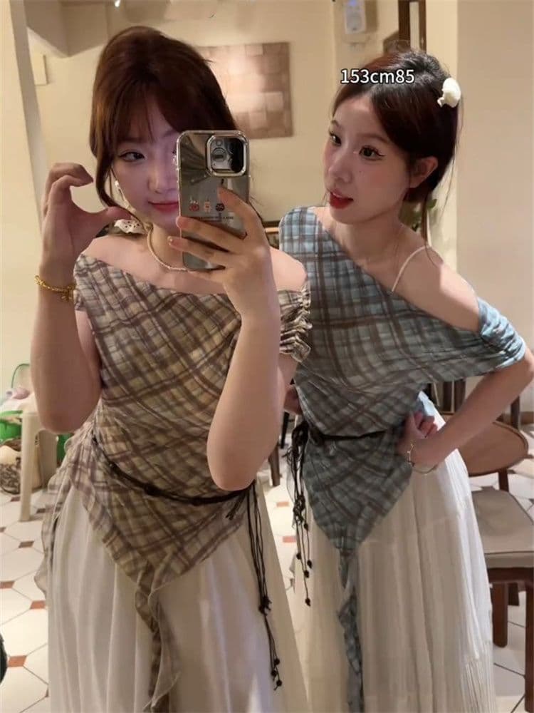 40d 메시 원단 달콤한 핫걸 불규칙 리본 디자인 센스 티셔츠 여성 여름 체크무늬 배색 벨트 포함 민소매 맨위 서비스
