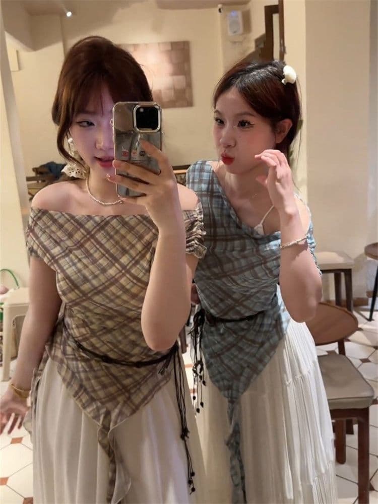 40d 메시 원단 달콤한 핫걸 불규칙 리본 디자인 센스 티셔츠 여성 여름 체크무늬 배색 벨트 포함 민소매 맨위 서비스 상세 이미지 1