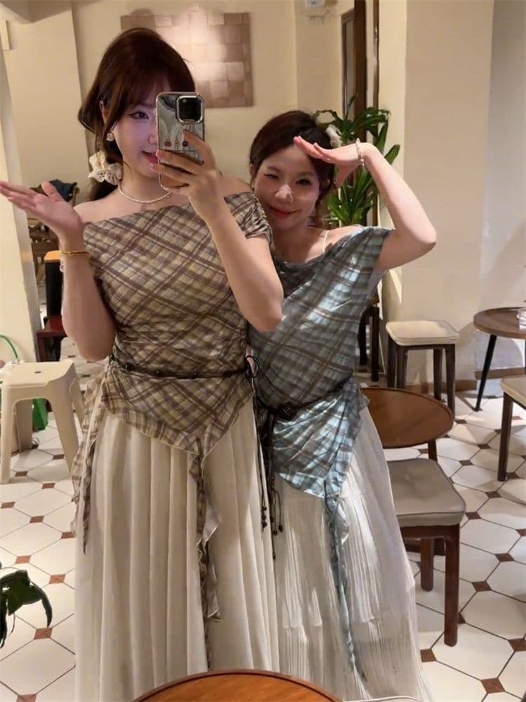 40d 메시 원단 달콤한 핫걸 불규칙 리본 디자인 센스 티셔츠 여성 여름 체크무늬 배색 벨트 포함 민소매 맨위 서비스 상세 이미지 3