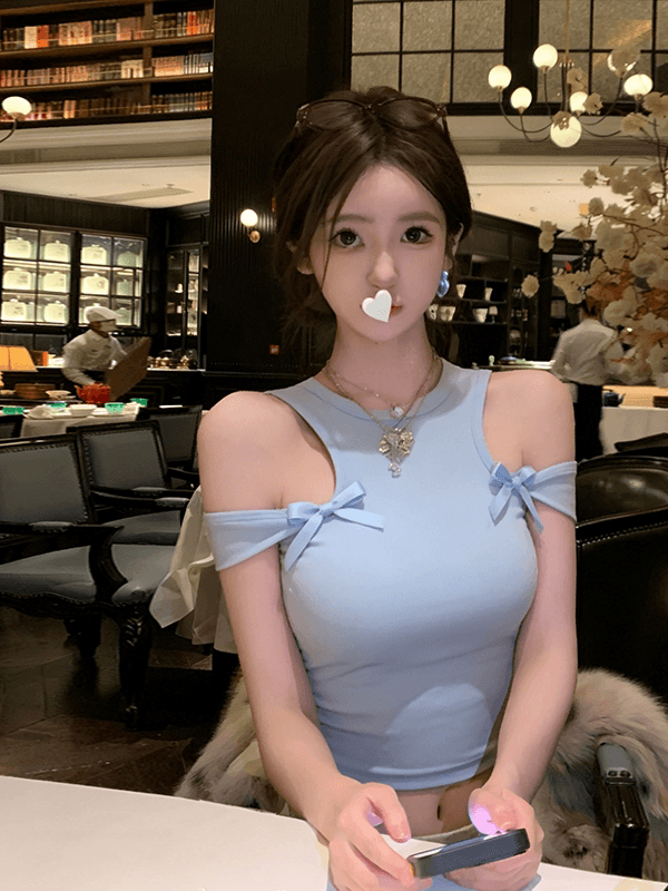 핫걸 바람 섹시함 오프숄더 나비 매듭 라운드 넥 캐미솔 파란색 몸매 가꾸기 인사이드 가져 가라. 몸매 가꾸기 종류 쇼트 스타일 맨위 상세 이미지 2