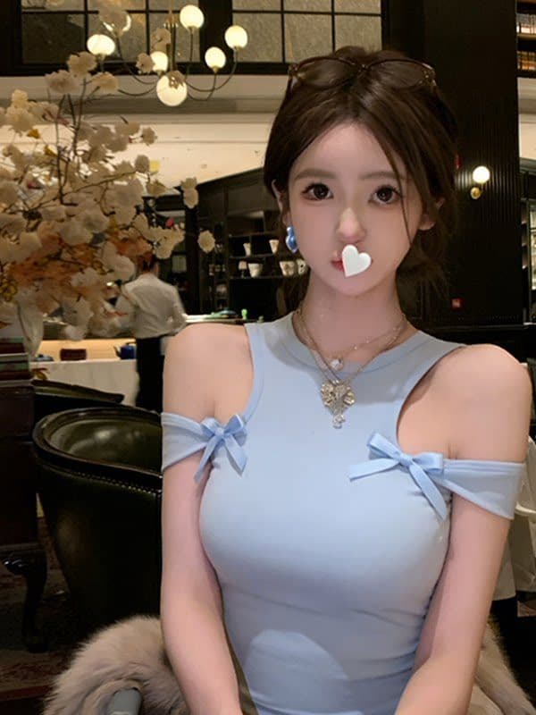 핫걸 바람 섹시함 오프숄더 나비 매듭 라운드 넥 캐미솔 파란색 몸매 가꾸기 인사이드 가져 가라. 몸매 가꾸기 종류 쇼트 스타일 맨위 상세 이미지 3
