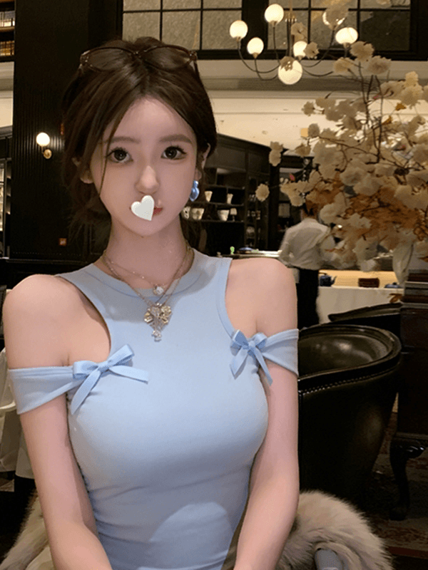 핫걸 바람 섹시함 오프숄더 나비 매듭 라운드 넥 캐미솔 파란색 몸매 가꾸기 인사이드 가져 가라. 몸매 가꾸기 종류 쇼트 스타일 맨위 상세 이미지 4