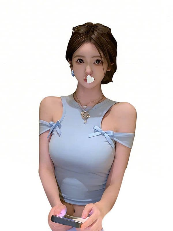 핫걸 바람 섹시함 오프숄더 나비 매듭 라운드 넥 캐미솔 파란색 몸매 가꾸기 인사이드 가져 가라. 몸매 가꾸기 종류 쇼트 스타일 맨위 상세 이미지 5