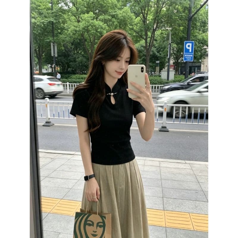 210 그램 1x1 순면 리브 새로운 중식 단추 치파오 셔츠 국풍 티셔츠 맨위