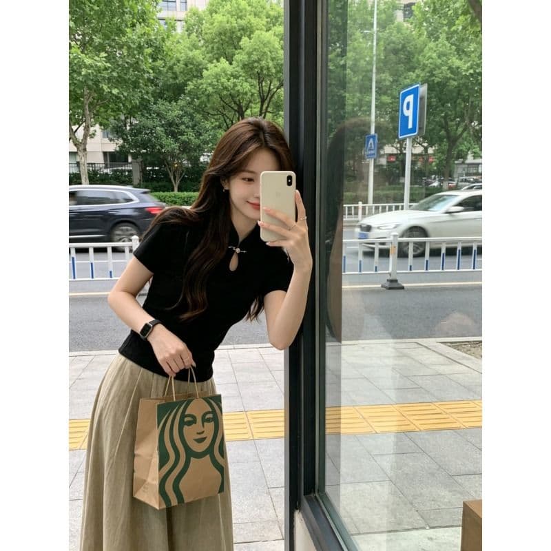 210 그램 1x1 순면 리브 새로운 중식 단추 치파오 셔츠 국풍 티셔츠 맨위 이미지 3