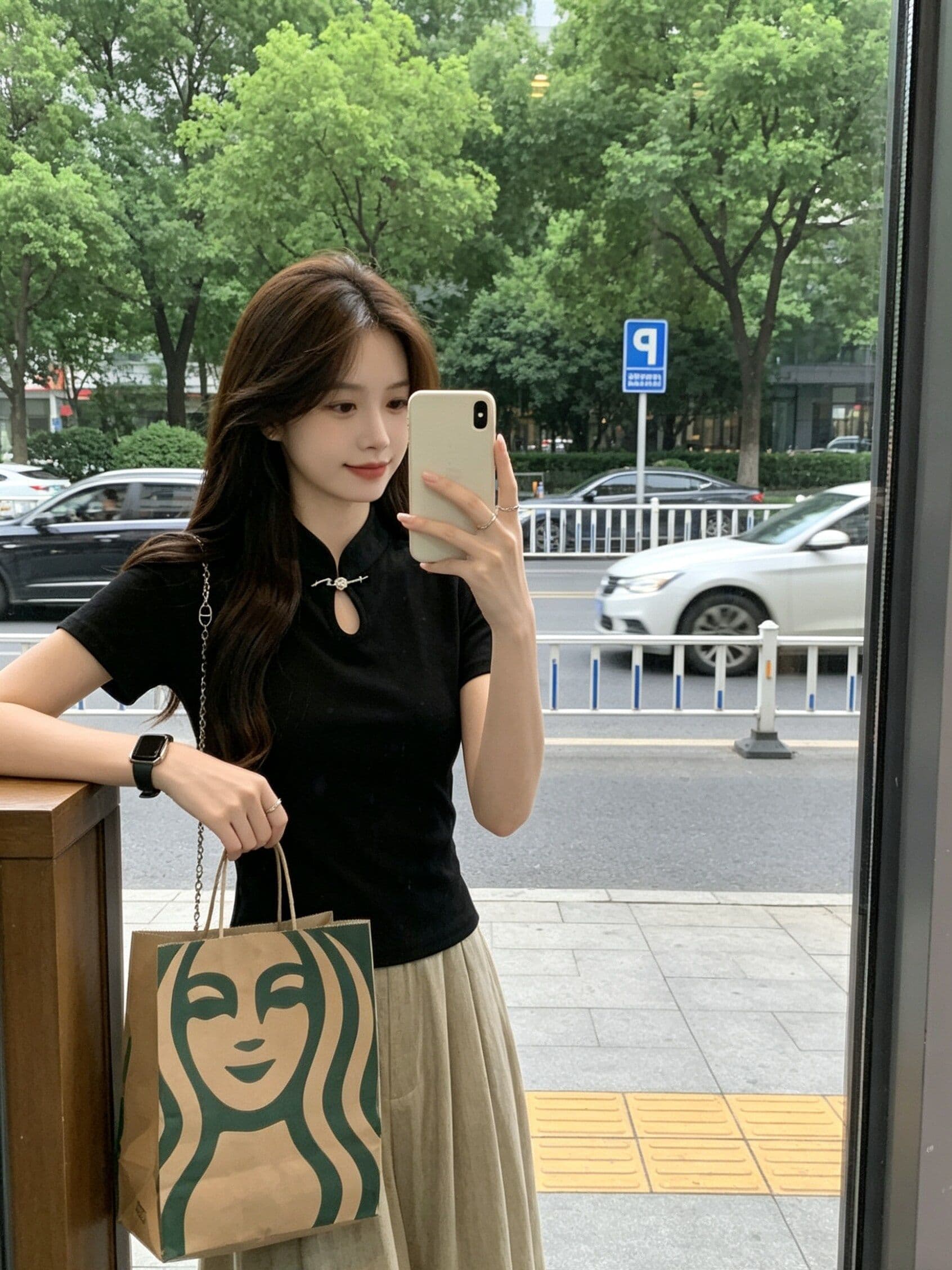 210 그램 1x1 순면 리브 새로운 중식 단추 치파오 셔츠 국풍 티셔츠 맨위 상세 이미지 4