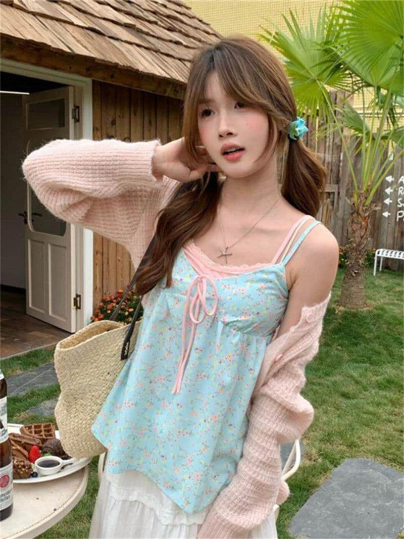 원본 품질 배색 꽃무늬 슬립 페이크 레이어드 순수한 욕망 조끼 달콤함 패치워크 색상 꽃무늬 캐미솔 상세 이미지 2