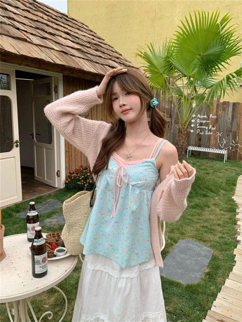 원본 품질 배색 꽃무늬 슬립 페이크 레이어드 순수한 욕망 조끼 달콤함 패치워크 색상 꽃무늬 캐미솔 상세 이미지 4