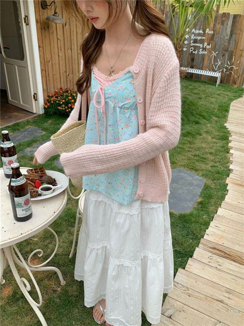 원본 품질 배색 꽃무늬 슬립 페이크 레이어드 순수한 욕망 조끼 달콤함 패치워크 색상 꽃무늬 캐미솔 상세 이미지 5