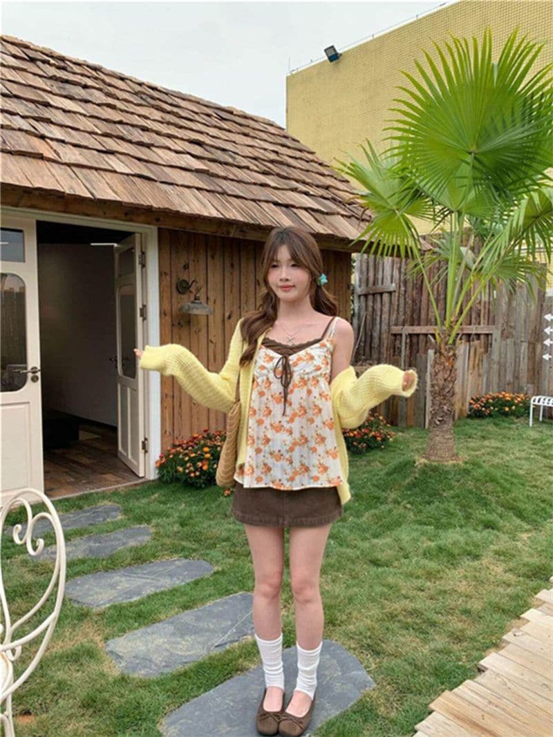 원본 품질 배색 꽃무늬 슬립 페이크 레이어드 순수한 욕망 조끼 달콤함 패치워크 색상 꽃무늬 캐미솔 상세 이미지 7